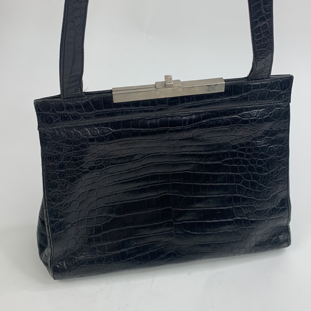 Vintage Giancarlo Macucci Leather Handbag Black Silver Clasp close Pockets Retro
